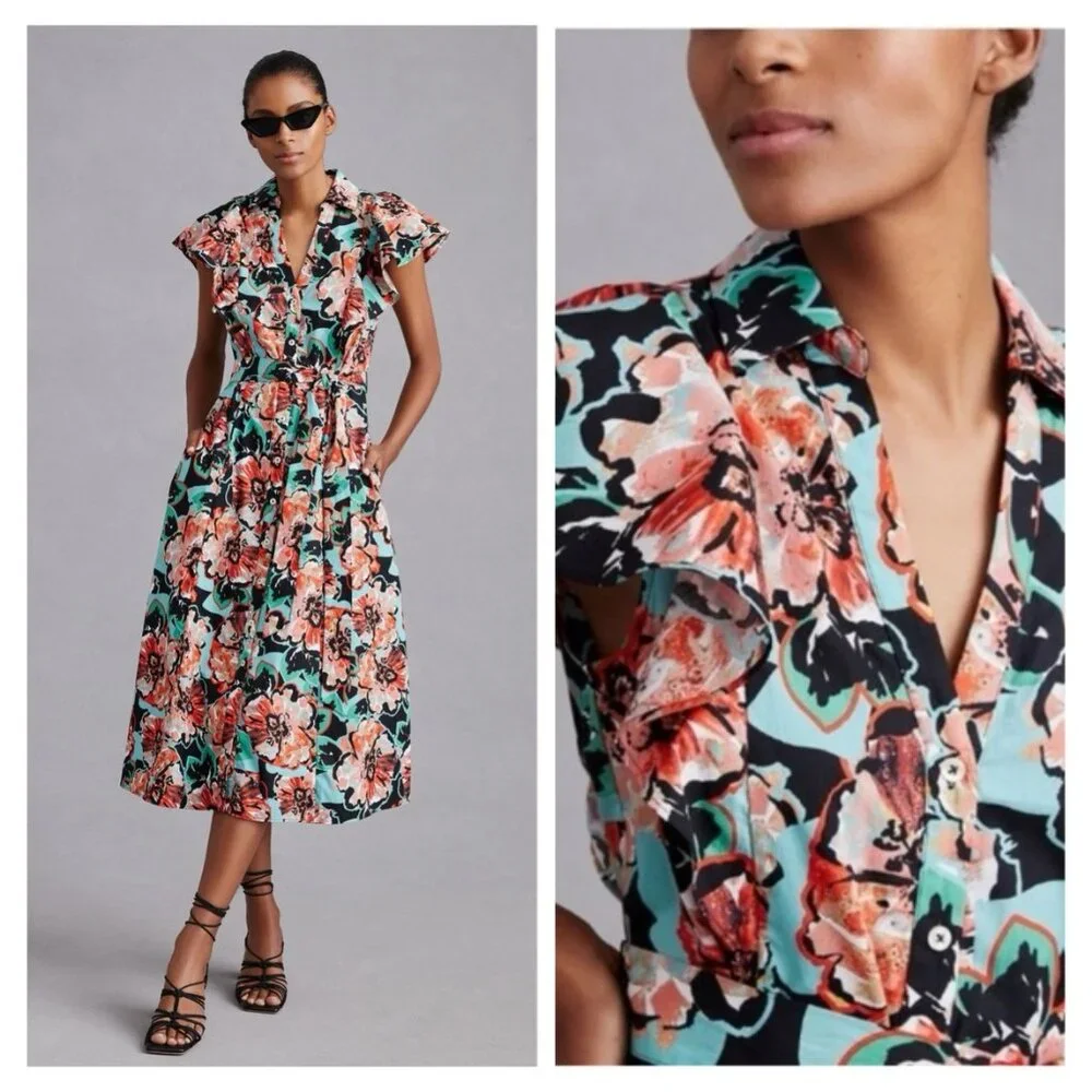 NWT Anthropologie Maeve Flutter Sleeve Button Front Midi Cotton Shirt Dr… - Picture 2 of 5